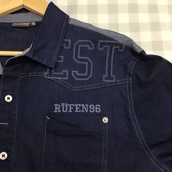 RUFEN Men’s XXL Embroidered Denim Button Down Shirt | Cotton Stretch Long Sleeve - Picture 5 of 16